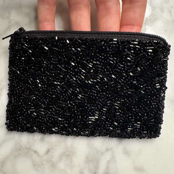 MOYNA “WTF” Black and White Beaded Zipper Pouch 5x3” - Picture 6 of 13